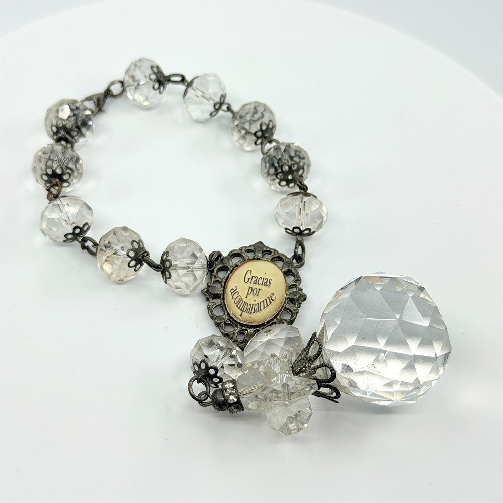 Vintage Crystal‎ Rosary Bracelet Gracias Por Acompañarme Clear Beaded Orb Charm